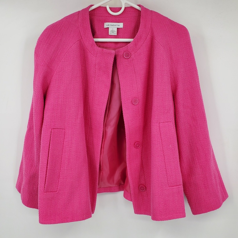 Liz Claiborne Womens Pink Textured Button Front Blazer Suit Jacket Large Preppy